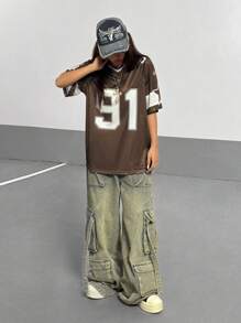 SHEIN PETITE 超大V领字母印花T恤和小码，春夏