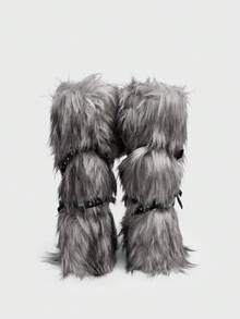 Sugerpunk 2025 New Mid-Calf Women Snow Boots, Cross Rivet Furry Boots, Slim & Warm For Christmas - Grey - View 5