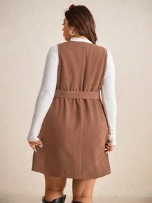 Elaquor Váy suông cổ điển màu nâu phong cách đại học thường ngày mùa thu, vải nhung kẻ, túi thắt lưng có thể tháo rời, cỡ lớn dành cho nữ, quần áo mùa đông - màu nâu - Xem 2