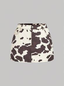 SHEIN MOD 大码女式休闲牛仔印花口袋牛仔迷你裙 - 棕色 - 查看 5