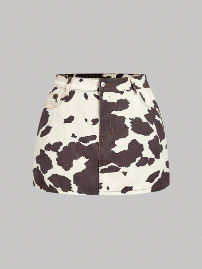 SHEIN MOD Plus Size Women's Casual Cow Print Pocket Denim Mini Skirt,Fall,Halloween Costumes,Goth Skirt,Cowgirl,Vintage,Fall