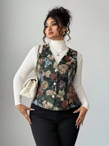 Elenzga Fashionable Vintage Plus Size Jacket Vest With Pearl Button Decor, Versatile Suitable For Gatherings, Parties, Valentine's Day - Multicolor - View 6