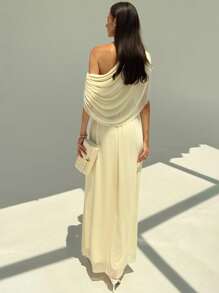 Aloruh New Draped Ruched Shoulder Slim Fit Maxi Party Vacation Holiday Dress, Versatile Lightweight Formal Gown Wedding Pale Yellow Summer Elegant - Beige - View 2
