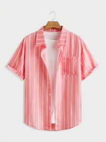 EASEVO 大码男士梭织短袖粉色条纹衬衫，适合夏季 - 粉色 - 查看 1