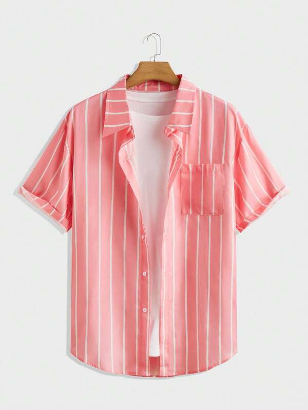 EASEVO Plus Size Men's Woven Short Sleeve Pink Striped Shirt, Suitable For Summer