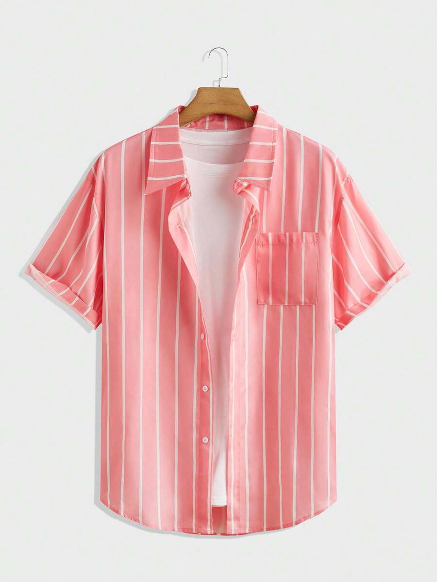 EASEVO 大码男士梭织短袖粉色条纹衬衫，适合夏季 - 粉色 - 查看 1