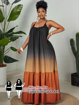 SHEIN CURVE+ 2025 大码女式渐变色荷叶边下摆细肩带度假连衣裙