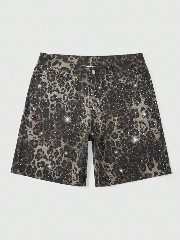 ROMWE MEN Street Life Spring/Summer Casual Leopard Men'S Loose Fit Pocket Leopard Print Denim Shorts