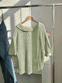 Comfortcana 大码休闲纯色镂空领短袖毛衣