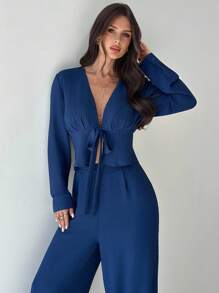 Firerie 女士优雅休闲浪漫日常都市通勤度假蓝色长袖系腰 V 领衬衫和阔腿裤两件套，秋季服装 - 藍色 - 查看 4