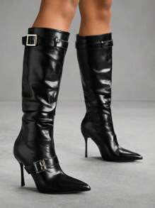 CUCCOO SZL Fashionable Women's Pointed Toe Knee-High Boots With Buckle Design - Black - View 5