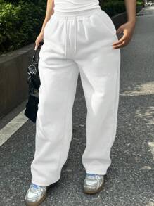 SHEIN EZwear 女式纯色系带口袋休闲宽松运动裤，秋冬 - 白色 - 查看 3