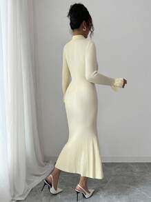 Selianne Elegant Ribbed Cream Yellow Ruffle Trim Collared Single-Breasted Fitted Waist Midi Knit Dress, Autumn/Spring - Yellow - View 4