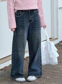 DAZY Tween Girls' Pocketed Wide Leg Loose Casual Versatile Jeans
