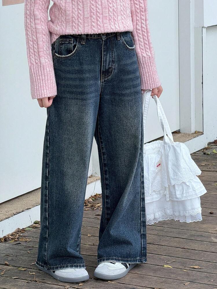 Tween Girls' Pocketed Wide Leg Loose Casual Versatile Jeans