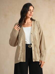 Flouryn Plus Size Elegant Commuter Solid Color Lace Trim Cardigan Fall Winter Cloth For Women Autumn - Khaki - View 7