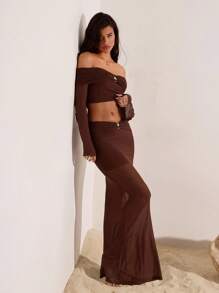 Opulessa Women's Solid Color Pleated Off Shoulder Flare Sleeve Cropped Top And Fitted Midi Skirt 2-Piece Set, Brown Two Pieces Set Women, 2 Pieces Long Skirt Set Mesh Two Pieces Set Brown Mesh Two Pieces Set Two Pieces Maxi Skirt Set