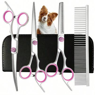 一套专业的狗猫美容剪刀套装配有弯剪刀和不锈钢梳子，剪毛，修毛，弯剪，理发，平剪，刘海剪，宠物美容剪刀，理发器，猫咪必需品