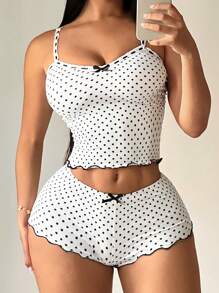 SHEIN SXY Bộ đồ ngủ chấm bi thường ngày cho nữ - Áo hai dây + Quần short, Bộ đồ ngủ chấm bi 2 món Bộ đồ ngủ chấm bi cho nữ - Nhiều màu - Xem 4