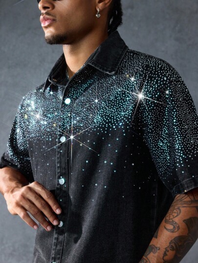 Street Life Men's Rhinestone Letter Print Short Sleeve Single-Breasted Casual Denim Shirt
