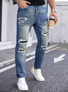 Manfinity LEGND Plus Size Men's Street Fashion Casual Patchwork Ripped Straight Slim Fit Blue Jeans - Medium Wash - View 4