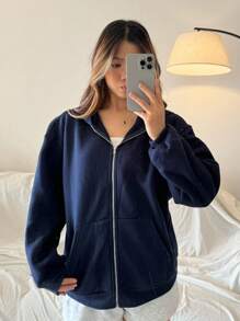 少女藏蓝色宽松休闲卫衣，简约风格，适合休闲和运动穿着。蓝色青少年服装，藏蓝色卫衣，蓝色连帽夹克，少女短款夹克，秋冬季女童服装 - 藍色 - 查看 4