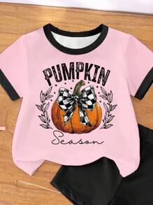 Halloween Girls Casual Fashion Creative Pumpkin Checkerboard Bow Decor Pattern Print Casual Holiday Basic Short Sleeve Top And Bike Shorts 2pcs Set Pumpkin Season Shirt Girls Fall Shirt Halloween Shirt Cute T Shirt Girls Tshirt