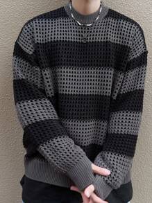 DAZY 男士圆领长袖拼色毛衣，秋季 - 灰色 - 查看 7