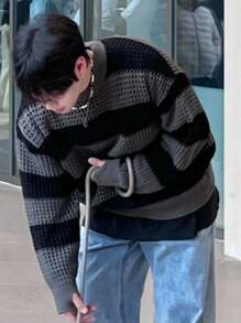 DAZY 男士圆领长袖拼色毛衣，秋季 - 灰色 - 查看 9