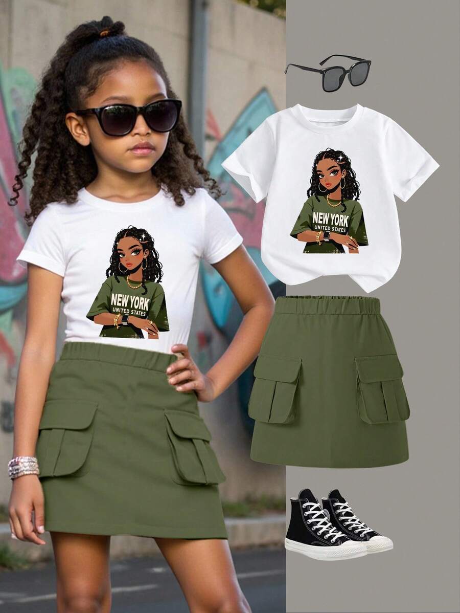Sparklyn 2 件套青少年女孩休闲可爱女孩图案短袖圆领 T 恤和工装裙，适合夏季