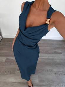 Siren Gaze 女士优雅不对称设计金属扣装饰连衣裙，鸡尾酒会连衣裙 - 藏蓝色 - 查看 4