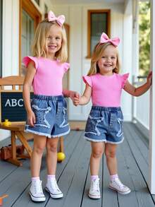 SHEIN 2pcs/Set Young Girl Casual & Simple Comfy Round Neck Ruffle Hem Sleeveless Top And Jeans Pants Set - Pink - View 8