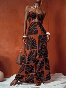 Zivah Đầm dài cổ yếm khoét sâu phong cách du mục mùa xuân hè mới dành cho nữ, kiểu dáng Bohemian du mục, thích hợp cho lễ hội âm nhạc, tiệc tùng, kỳ nghỉ, mua sắm - Đầm maxi không dây Z, đầm họa tiết, đầm dài màu nâu, đầm in họa tiết màu cam, đầm Katseye dành cho nữ, đầm không dây, đầm in họa tiết động vật. - màu đen - Xem 3