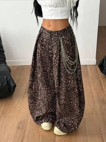 Coolane 女士夏季复古休闲街头服饰外出宽松图案弧形下摆裤豹纹裤工装裤 - 彩色 - 查看 3