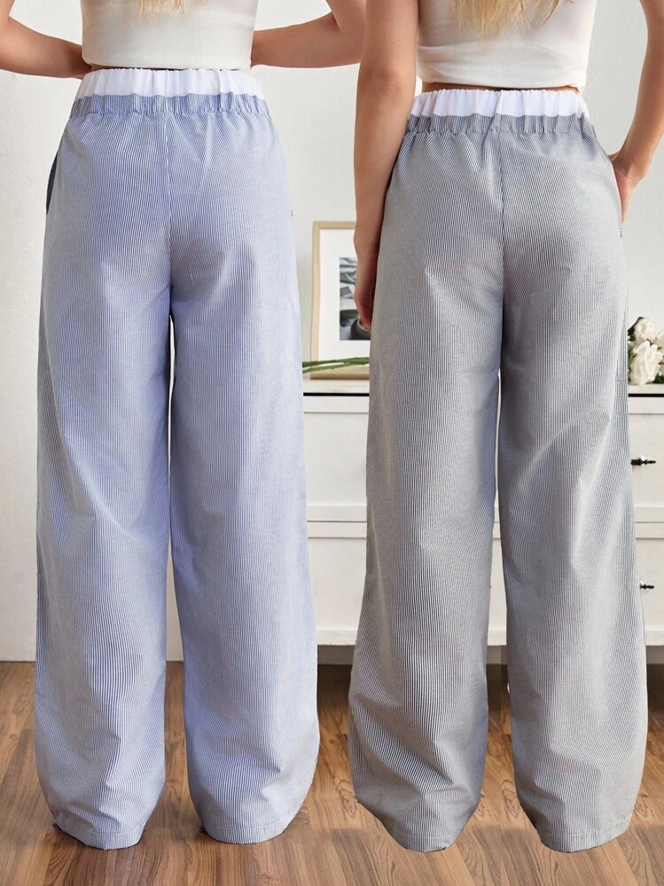 SHEIN Tall Two Pieces Multipack Tall Size White High-Waisted Contrast Blue Striped Woven Plus Size Women's Pants - Multicolor - View 2