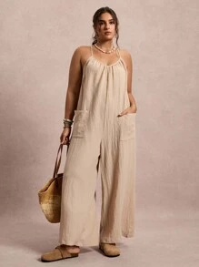 Freevana Tuta casual estiva tinta unita di grandi dimensioni con tasche doppie e texture