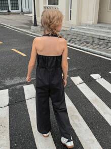 SHEIN Tween 女童夏季休闲条纹露背吊带连体裤 - 黑色 - 查看 2