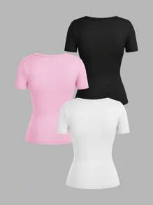 SHEIN EZwear 3pcs Women's Deep V-Neck Tight Casual Short Sleeve Basic Layering Long Sleeve T-Shirt Set, Black/Pink/White, Suitable For Spring/Summer Suitable For Going Out - Multicolor - View 2