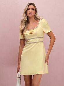 Enchnt Women's Pale Yellow Summer Elegant Tea Party Rose Bowknot Rhinestone Decor Short Sleeve Mini Dress,Sweet Princess Wedding Guest Birthday Outfits - Yellow - View 5