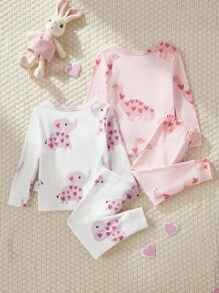 Set pigiama da 4 pezzi per neonata, morbido e confortevole, aderente, con stampe carine di cuore, elefante e dinosauro, top a maniche lunghe e pantaloni