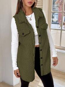 SHEIN EZwear Áo khoác vest Teddy một hàng khuy đơn giản, có vạt đơn màu trơn cho mùa thu/đông - Màu xanh Ô liu - Xem 5