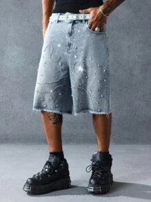 ROMWE MEN Street Life Pantaloni Capri din denim pentru bărbați, cu croială lejeră, cu buzunare în relief, stil uzat - Albastru - Vizualizare 4