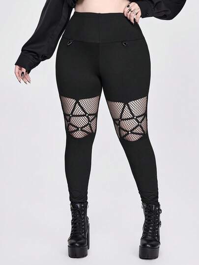 Gothic Five-Pointed Star Studded Mesh Patchwork Plus Size Women Skinny Stretch Pants