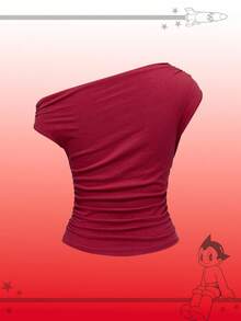 Astro Boy X ROMWE Y2K Sexy Cartoon Figure Print Ruched Asymmetrical Shoulder Tight Fit Women T-Shirt - Red - View 3