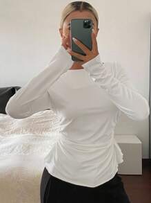 DAZY Women's Solid Color Contrast Lace Slim Fit White Long Sleeve Elegant Base Layer Top, Autumn/Winter