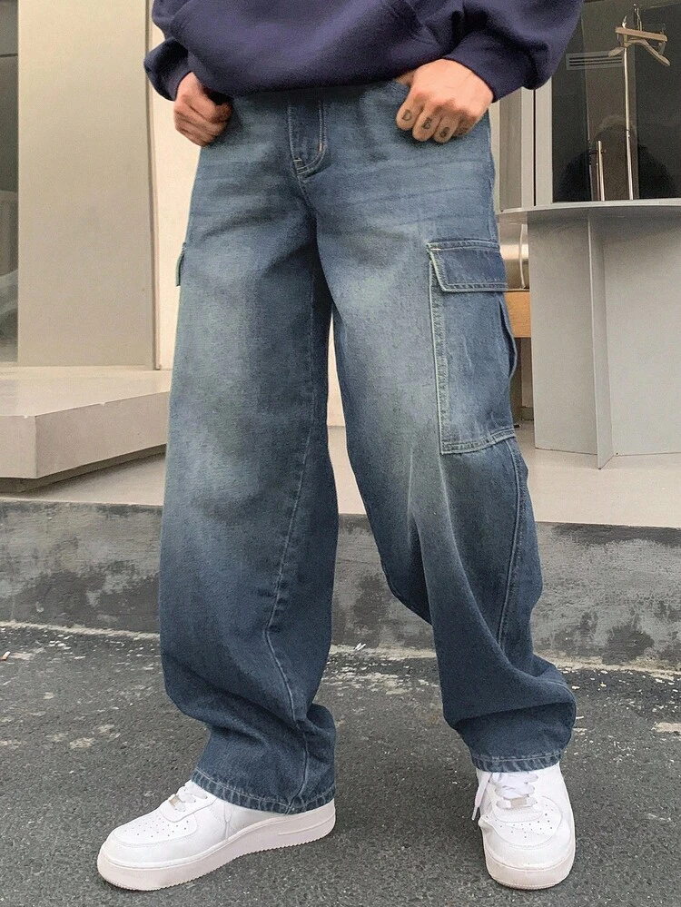 Men's Autumn Cargo Pocket Wide Leg Loose Casual Jeans