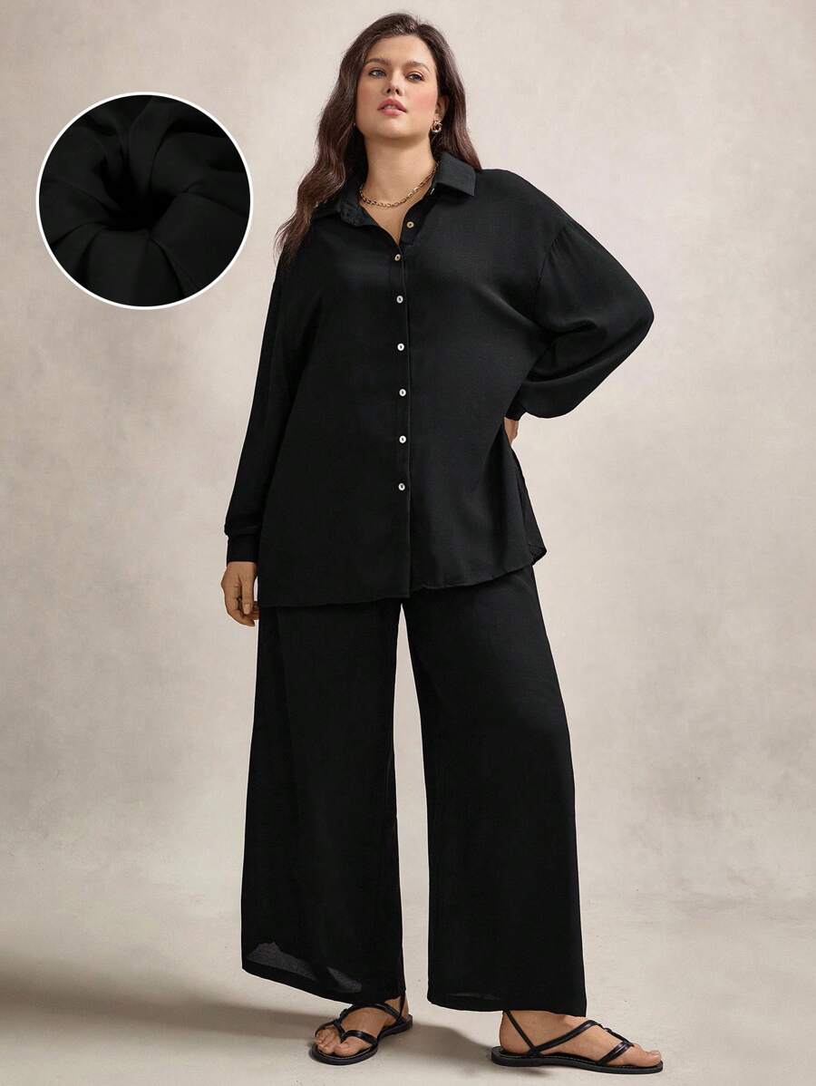 Zelara Plus Drop Shoulder Solid Shirt & Trousers Set - Black - View 1