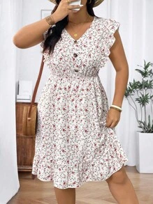 SHEIN Clasi Plus Size Vacation Casual Ditsy Floral Ruffle Hem Dress - White - View 1