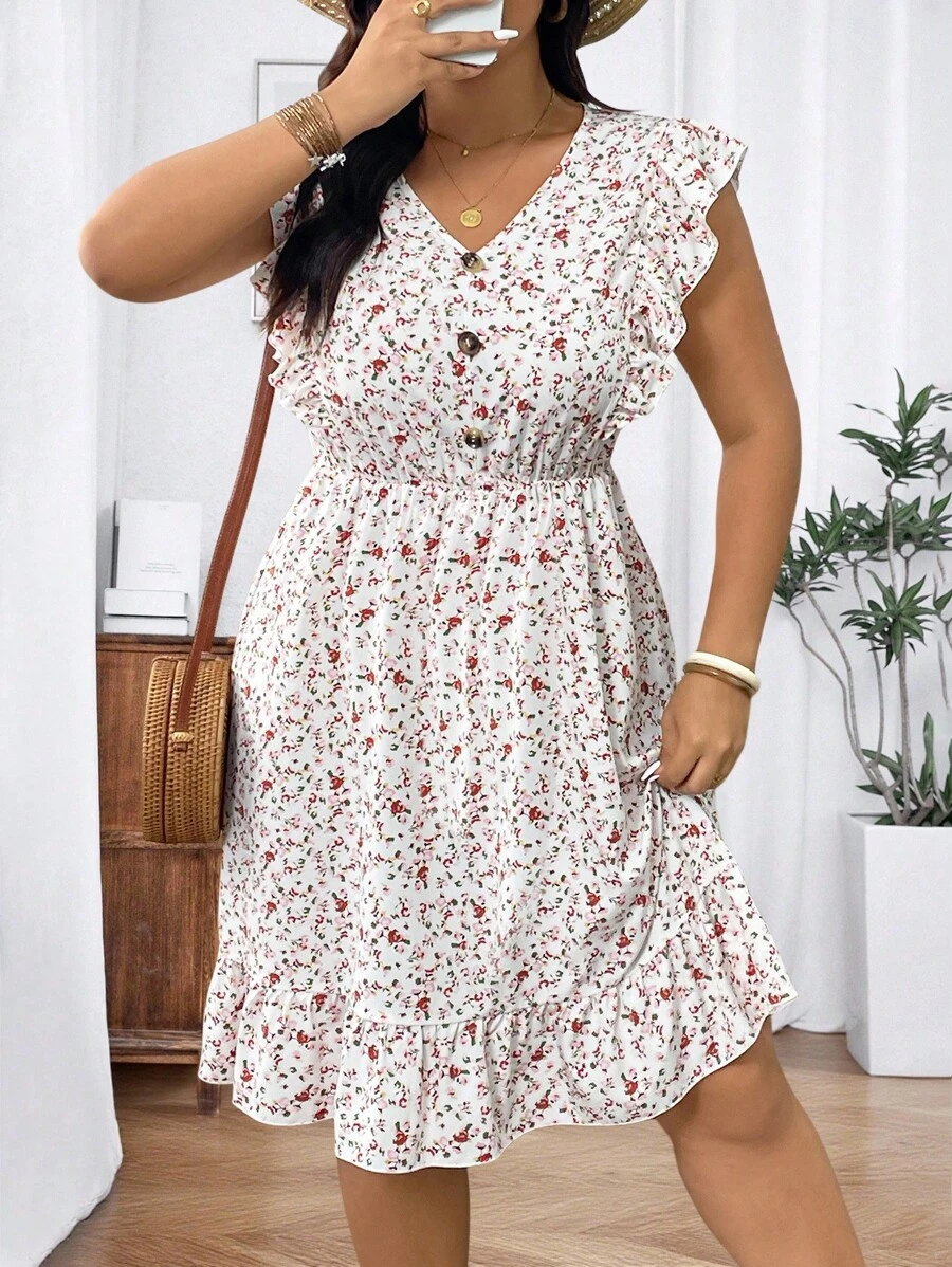 SHEIN Clasi Plus Size Vacation Casual Ditsy Floral Ruffle Hem Dress - White - View 1