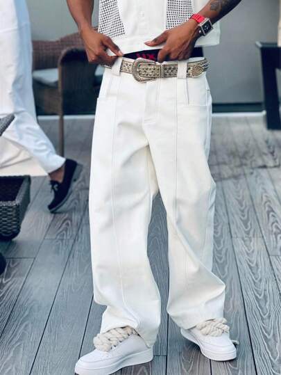 Manfinity Roghcode These Men's Streetwear-Inspired Sportswear Trousers Are Perfect For Ins Looks. With Geometric-Designed Slip Pockets And Long Pleated Lines, They're Perfect For Music Festivals, Hawaiian Beach Vacations, And Everyday Wear, Old Money Style